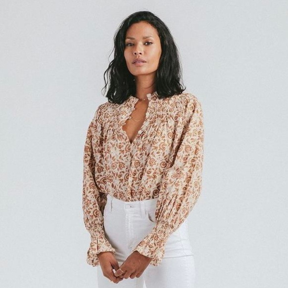 Cleobella Cream and Tan Floral Peasant Blouse
